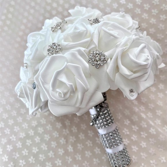 White Communion bouquet artificial flowers brooches and rhinestones